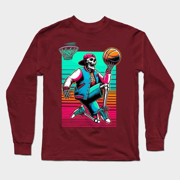 Swoosh!  College Ballin' Skeleton Slams Dunk - Neon Hoops Champion Tee Long Sleeve T-Shirt by Thewondercabinet28